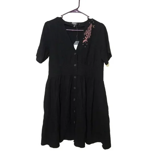 Disturbia Embroidered Foxglove V-neck Mini Dress 8 Whimsigoth Witch Black Gothic - Picture 2 of 16